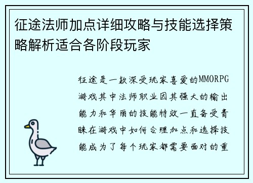 征途法师加点详细攻略与技能选择策略解析适合各阶段玩家
